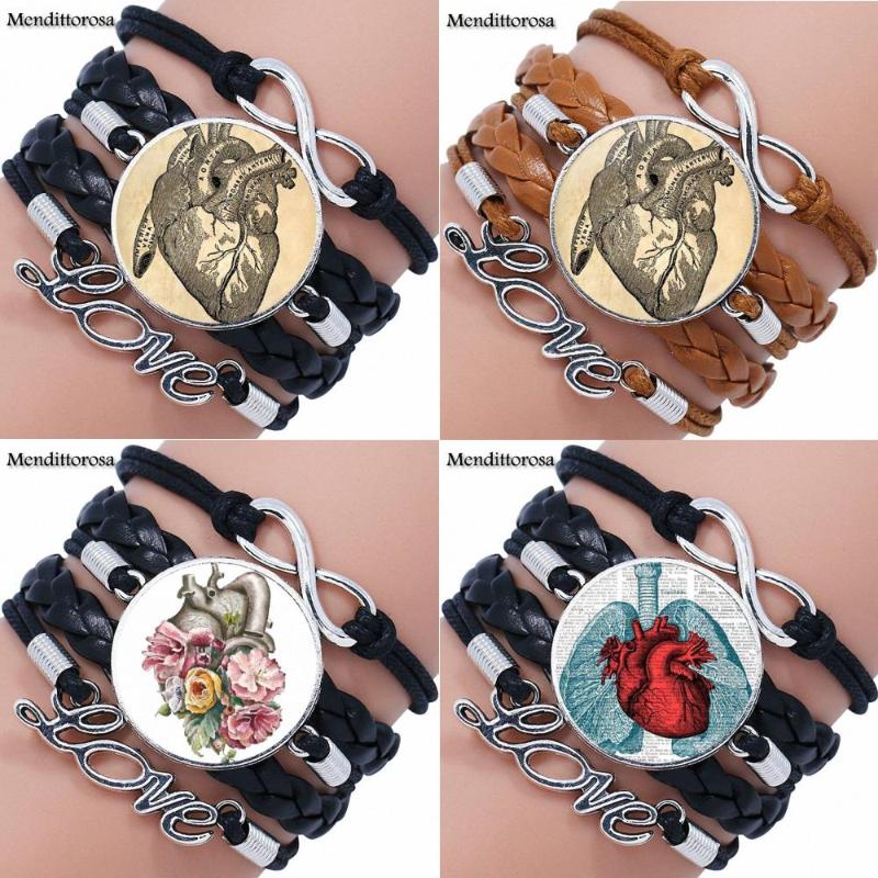 

EJ Glaze Vintage Anatomical Heart For Women Men Glass Multilayer Black/Brown Leather Bracelet Bangle Jewelry Bijouterie