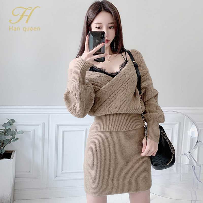

H Han Queen Women Elegant Sweater 2 Pieces Set Korean Cross V neck Pullover & Sheath Pencil Skirts Simple Chic Skirt Suits 2020, White