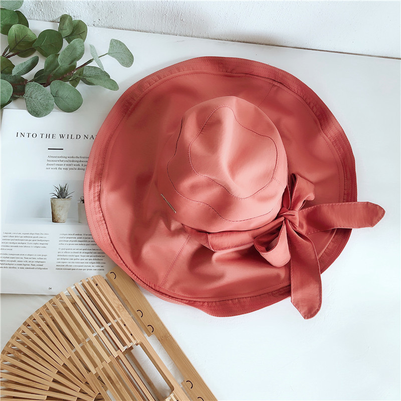 

Summer Fisherman Hat Women Hats Solid Color Caps New Fashion Bow Knot Basin Cap Folding Sunscreen Super Large Visor, Light pink