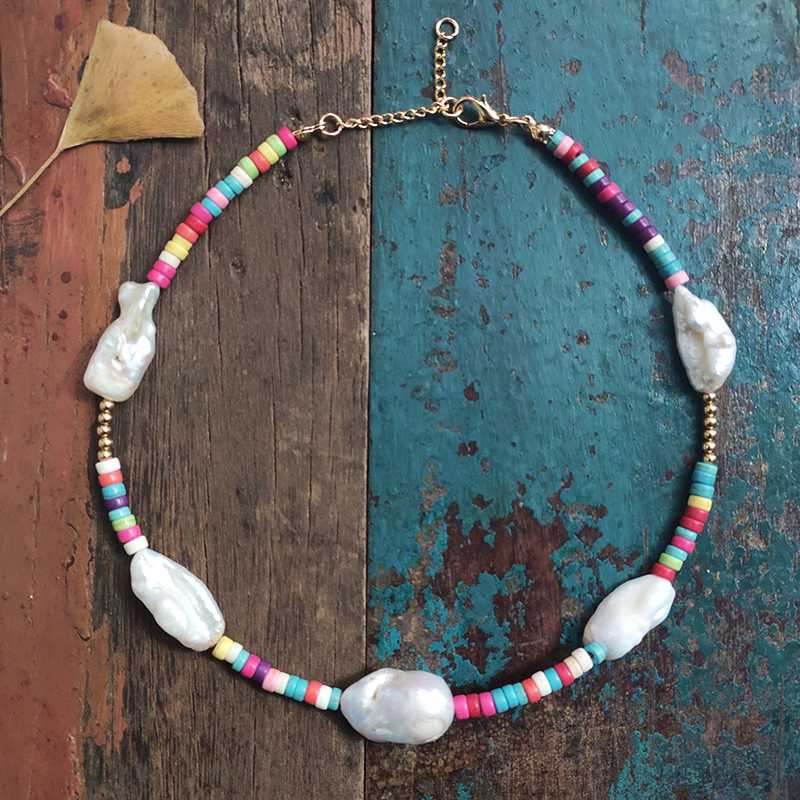 

Fashionable Charm Necklace Colored Stone Short Adjustable Lady Boho Jewelry Natural Pearl Rainbow Necklace Gift for Friends