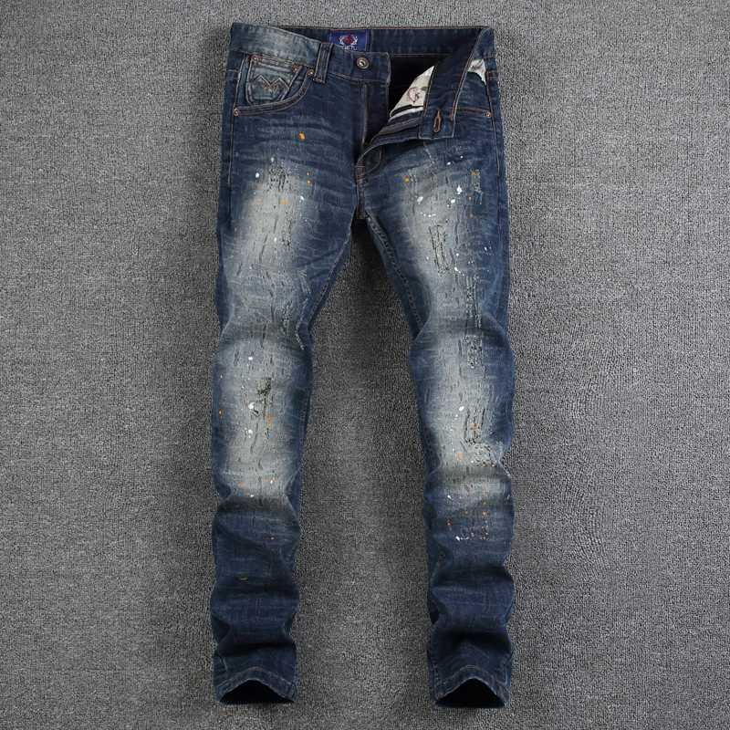 

Dark Blue Color Fashion Men Jeans Paint Dirty Job Destroyed Ripped Jeans Homme Brand Men Slim Fit High Street Denim Pants, Rl630