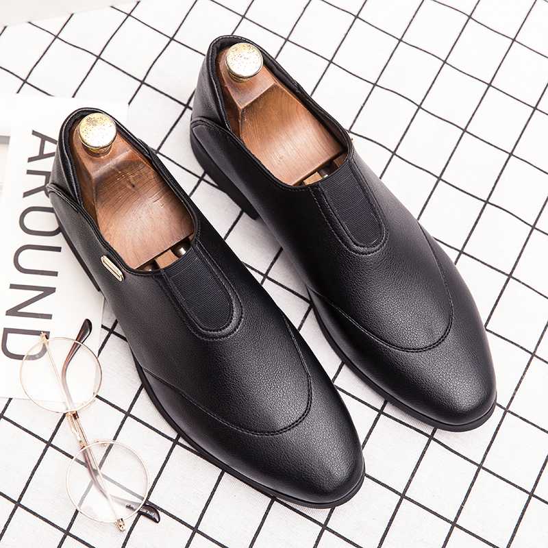 

Men Business Shoes Leather Flat Office Men Shoes Fashion Slip On Dress, Black
