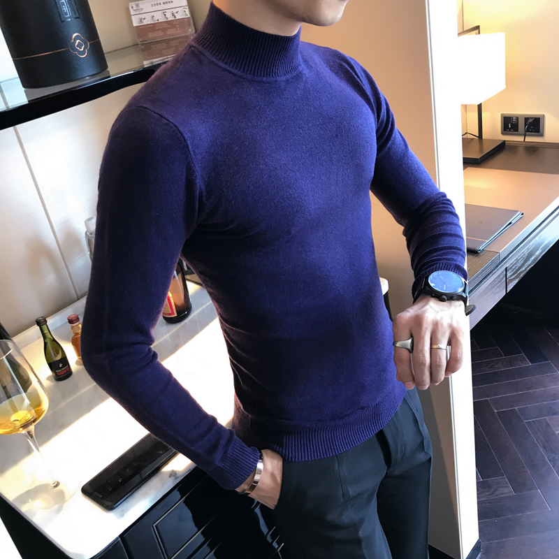 

New Men Fashion Casual O-neck Slim Solid Color Sweater Knitted Spring and Autumn Basic Shirt Tight Sweaters T101, Blue