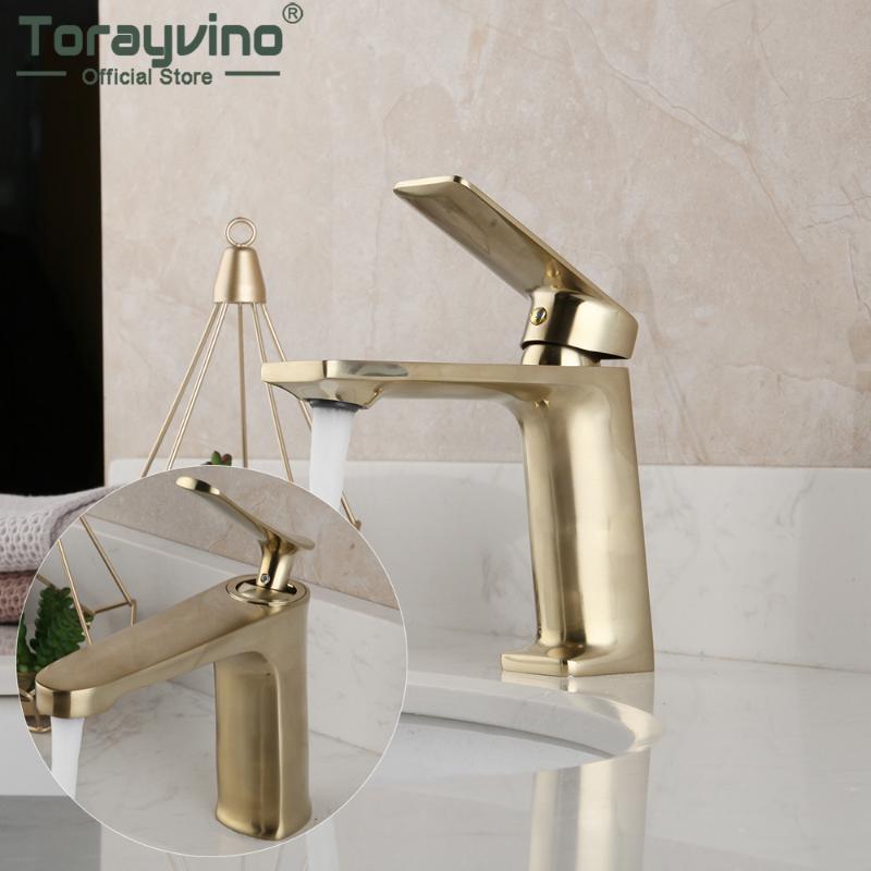 

Torayvino Solid Brass Bathroom Brushed Gold Faucet Single Handle Deck Mounted Basin Sink Faucets Washbasin Hot & Cold Mixer Tap