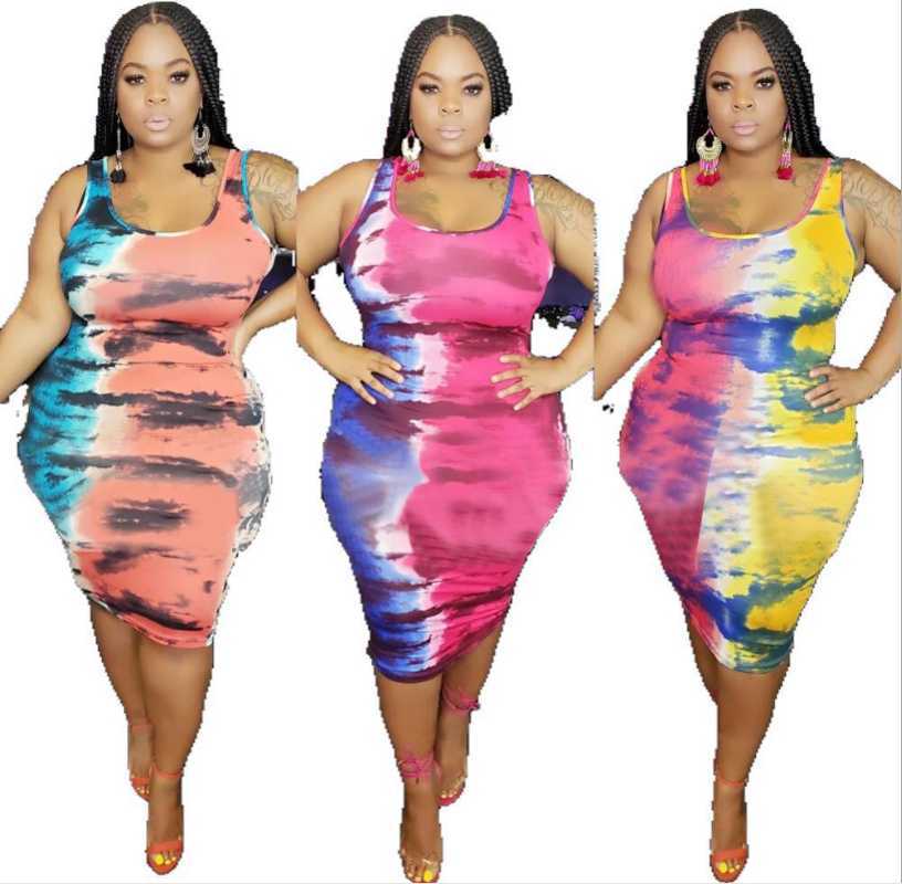 

Plus Size Women Tie-Dye Printing Skinny Dress 2020 Summer Fashion Female's Sexy U-neck Sleeveless Backless Mid-Calf Dresses, Pink