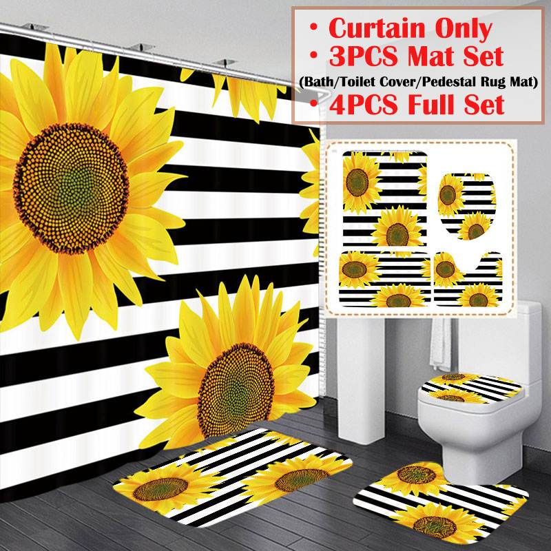 

Stylish Black White Striped Sunflower Shower Curtain and Rug Set Sunflower Bathroom Curtains Bath Mat Carpet for Toilet Decor
