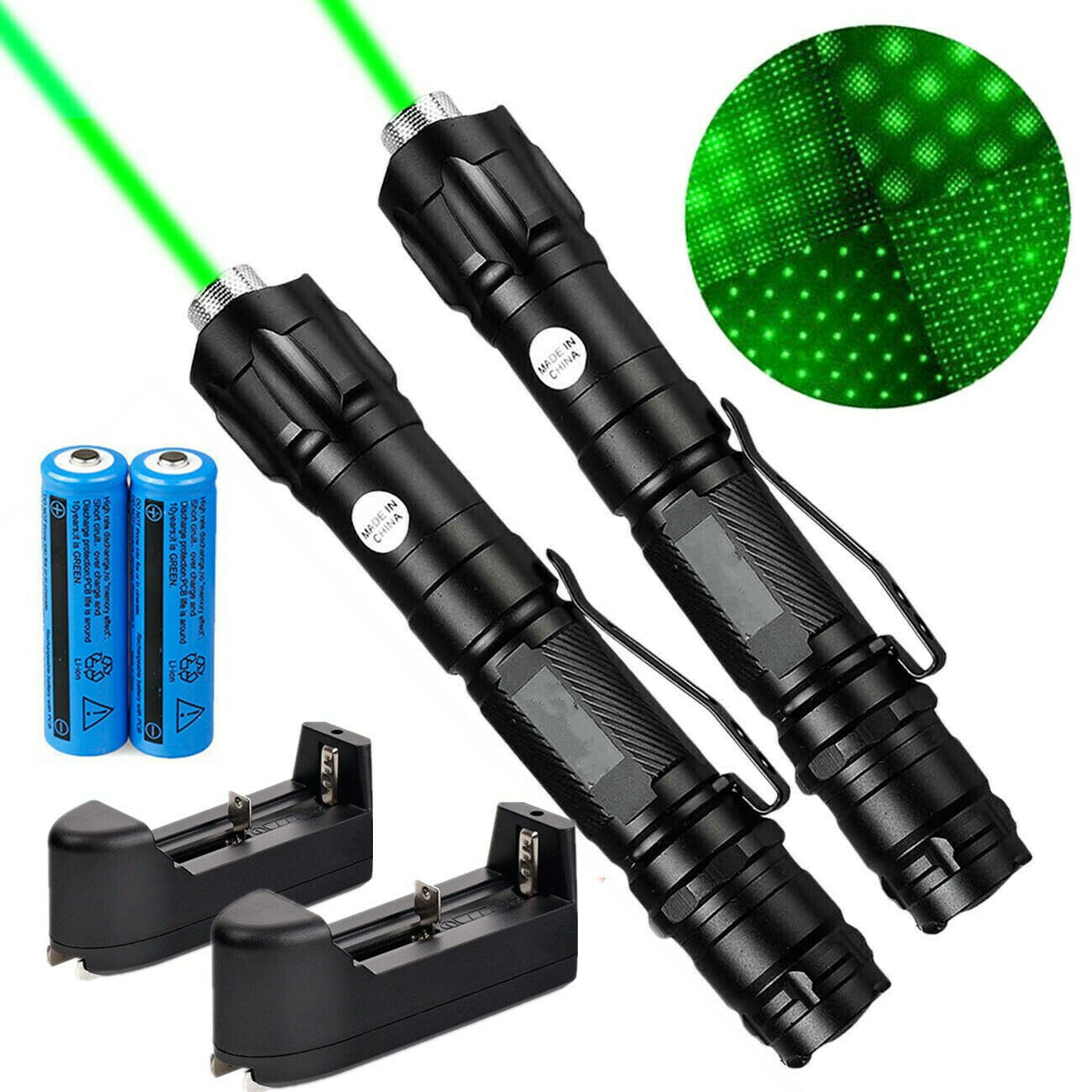

2PACK Powerful 2in1 Green Laser Pen Pointer Star Cap 1mw 532nm Cat Toy Military 009 Green Laser Belt Clip Teaching Pen+18650 Battery+Charger