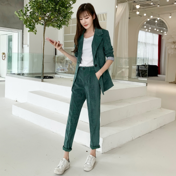 

casual solid corduroy women pant suits single breasted blazer jacket suit coat pencil pants female suit 2 piece sets AQ512, Green