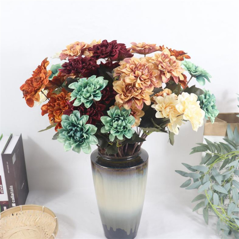 

European Fake Dahlia (3 heads/piece) 23.62" Length Simulation Oil Painting Dahlia Pinnata for Wedding Home Artificial Flowers, Orange