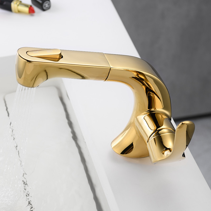 

Fashion Brass Deck Mounted hot & cold Basin Faucet Gold Black Chrome Sink Faucet Bathroom basin with pull out shower head