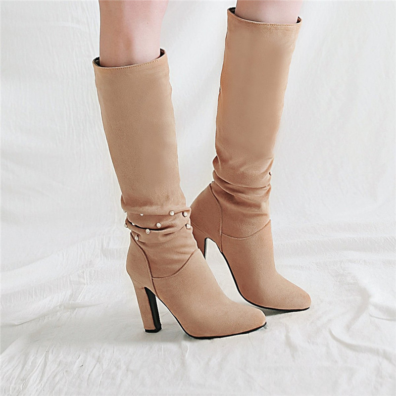 

YMECHIC 2020 Winter Fashion Rhinestone Pleated Flock Apricot Black Gray Knight Ridding Long High Heels Boots Knee High Shoes