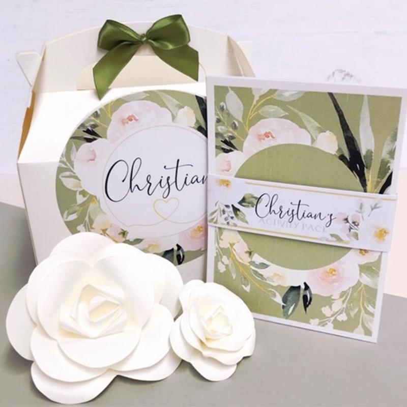 

Personalised names Childrens Wedding Activity Box & Puzzle Pack Favour BLUSH A6 Pack with Pen cutom flower girl gift box