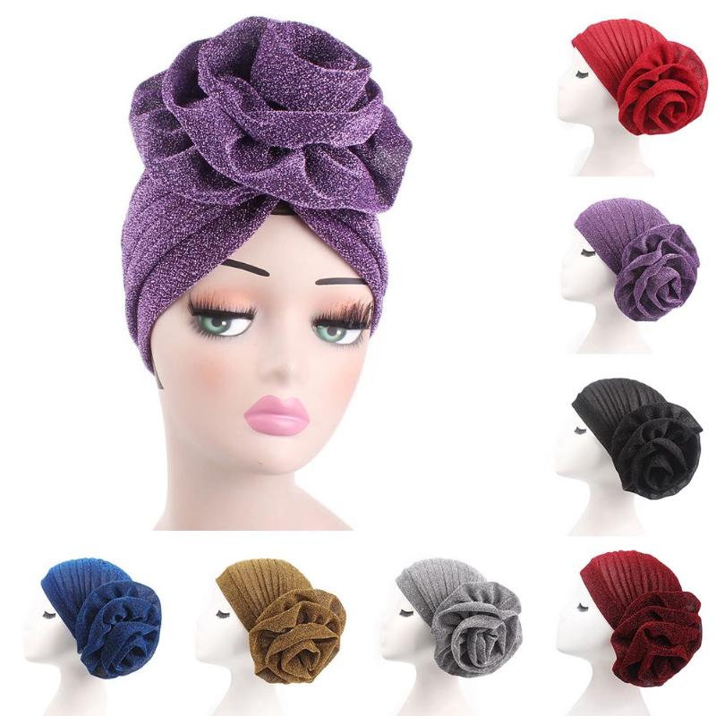 

Muslim Hat Fashion Big Flower Glitter Turban Hat Muslim Cap Women Head Wrap Headwear Solid Color Women's Breathable