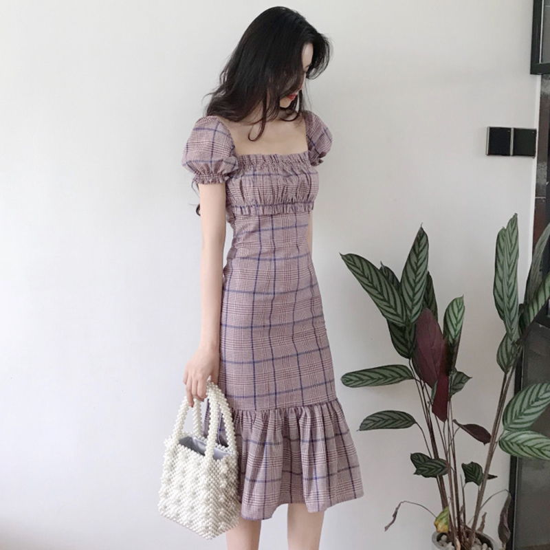 

Plaid Summer Mermaid Dress Women Slim Square Collar Short Puff Sleeves Slim Vintage Party Dress French Elegant Midi W757, Purple