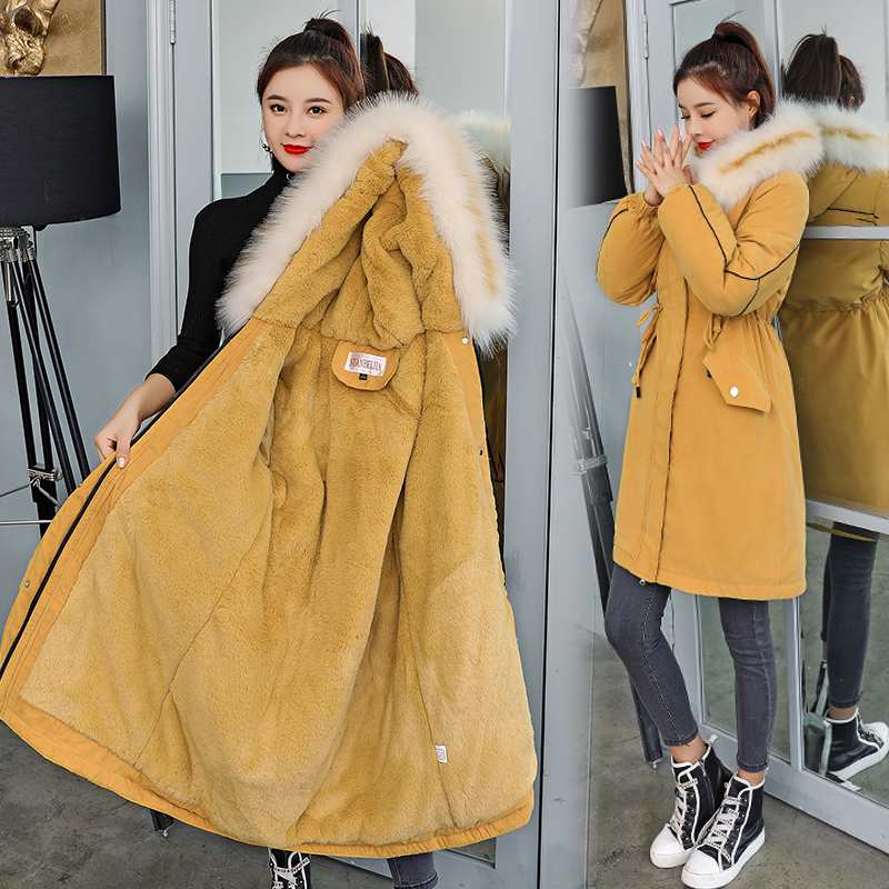 

30 Degrees New 2020 Women Winter Jacket Hooded Fur Collar Female Winter Coat Long Parkas with Fur Lining Plus Size Parka, Beige