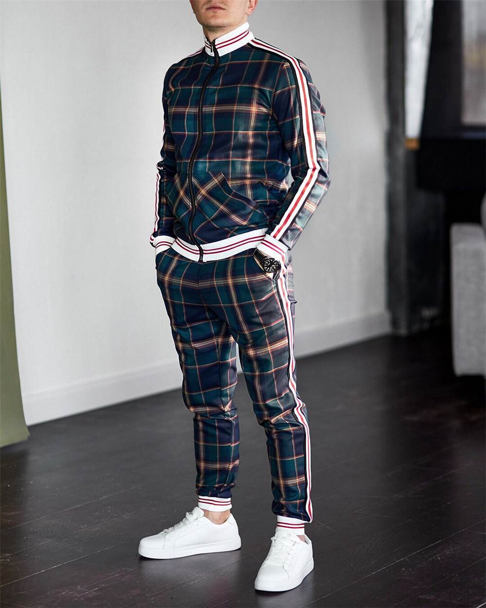 2021 Mens Tracksuit Spring Autumn Fashion Plaid Tracksuit Casual Two ...