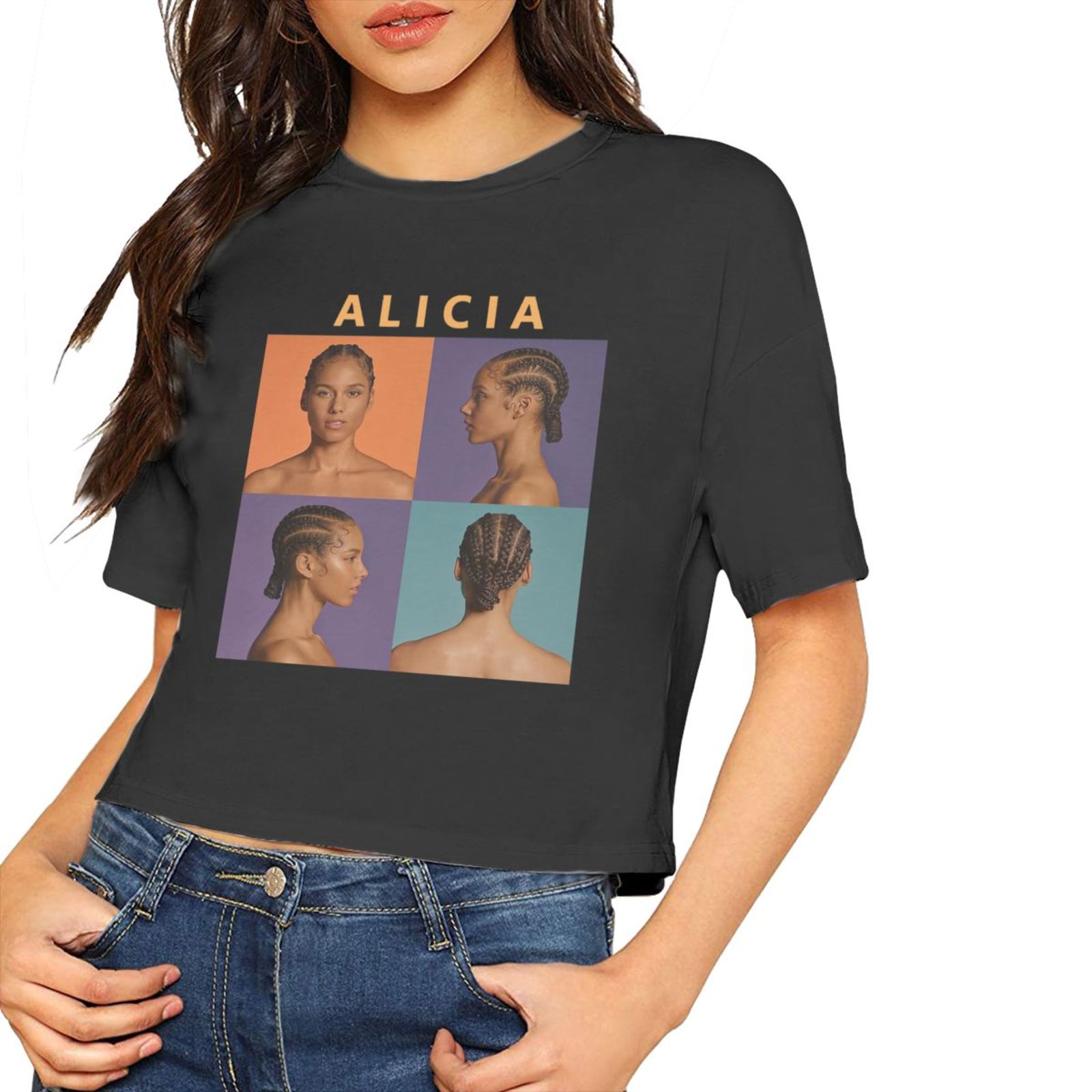 

Alicia Keys Shirts Womens Midriff-baring HOT Casual Sweatshirts Multi Novelty Clothing Short Sleeve Cotton Tee Shipping Free, White