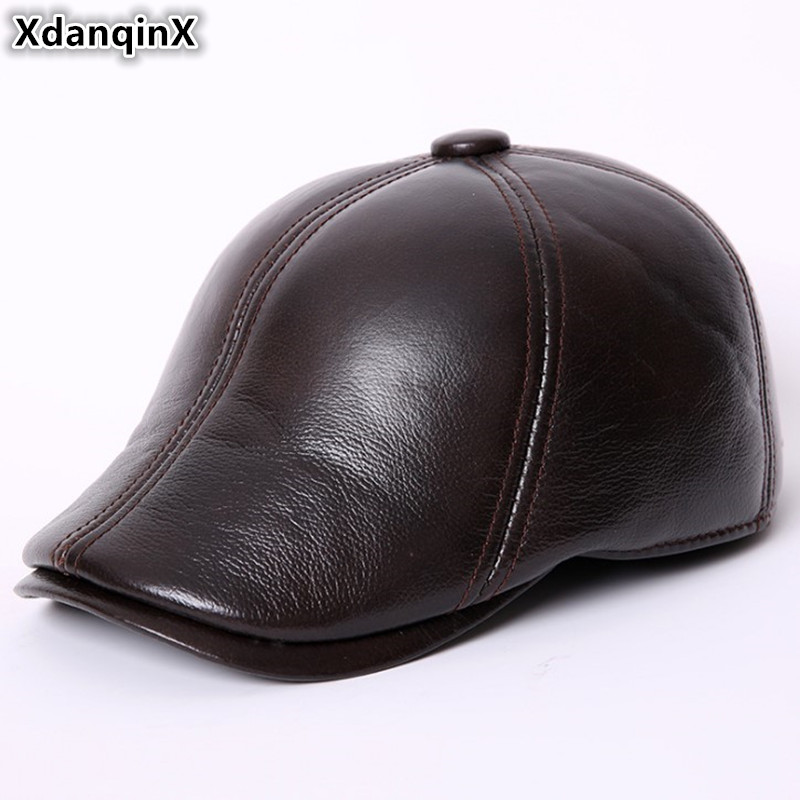 

Berets XdanqinX Classic Winter Middle-aged Men's Genuine Leather Cap Cowhide Warm Velvet Earmuffs Beret Hats For Men, Color 1