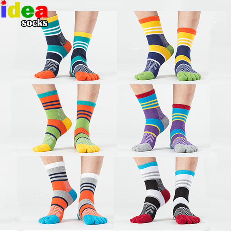 

Mens Summer Cotton Toe Socks Striped Contrast Colorful Patchwork Men Five Finger Socks Free Size Basket Calcetines