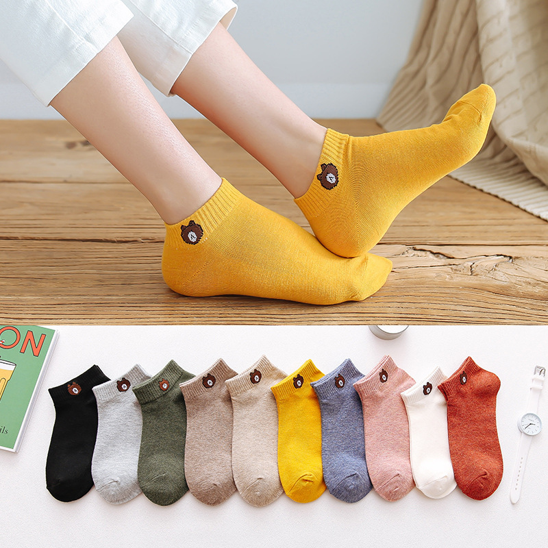 

5 Pairs Women Fashion Cool Casual Boat Socks Set Cute Bear Cotton Funny Happy Animal Pack Solid Color Harajuku Kawaii, Black