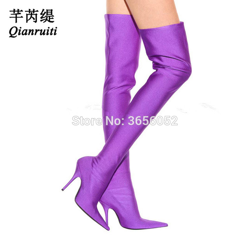 

Qianruiti Pointed Toe Slip On Celebrity Shoes Woman High Heels Floral Print Sock Booties Stiletto Heel Stretch Thigh High Boots, As pic
