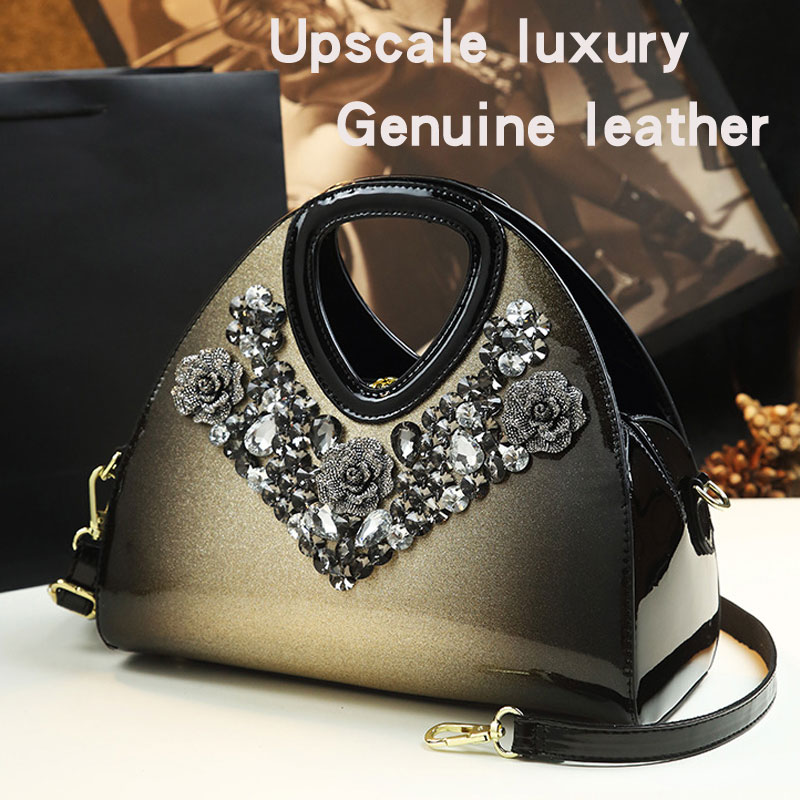 

High Grade Leather Women's Bag With Diamond Pure Leather Shoulder Bag Handbag Temperament Messenger Middle Aged, Gold