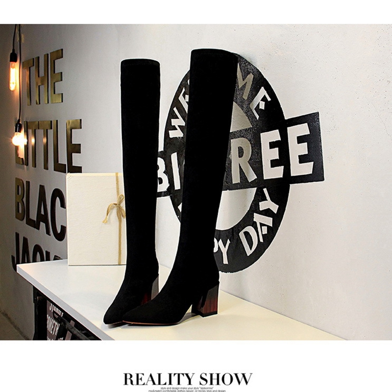 

European And American Style Simple Boots Super High Heel Suede Pointed Sexy Nightclub Slim Pedicure Over The Knee Boots, Black single li