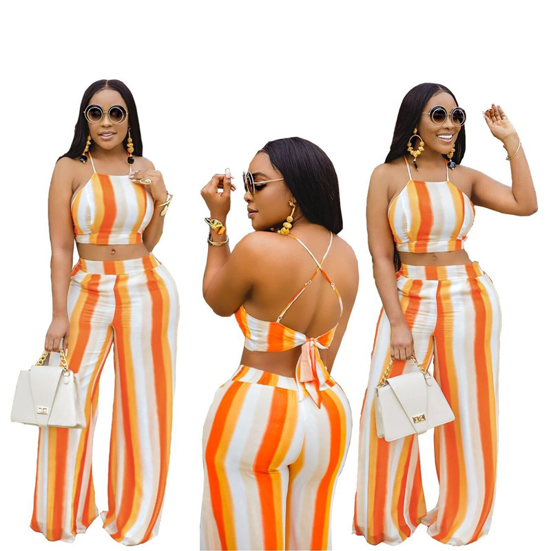 

Womens Two Piece Jogging Sets Sexy Backless Halter Lace Up Top Wide Leg 2 Piece Set New Women Designer Clothes 2020, As shown