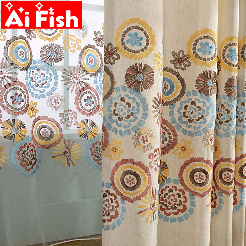 

Curtain Cotton and linen Fabric Modern Pastoral Classic National Flowers Embroidered Thick Blackout Curtain For Bedroom wp413-50, Tulle