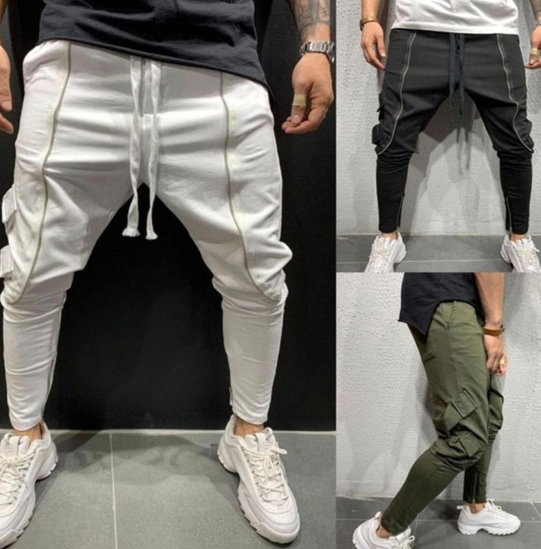 

2020 Spring Men Pants Side Pocket Men Joggers Casual Sweatpants Joggers Trousers Sporting Clothing Bodybuilding Pants, White