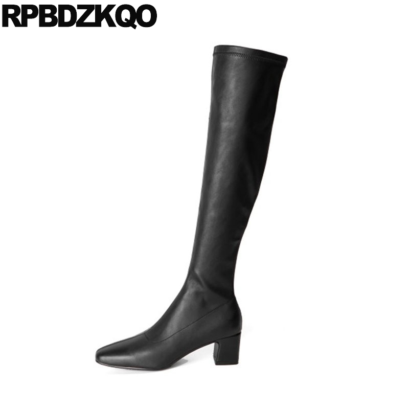 

zipper square toe shoes black long over the knee 2020 suede slim thigh women boots tall winter high heel fashion block chunky, Black leather