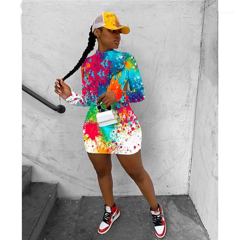 

Female Clothing Womens Designer Mini Dresses Sexy Crew Neck Long Sleeve Backless Graffiti Print Dress Fashion Casual