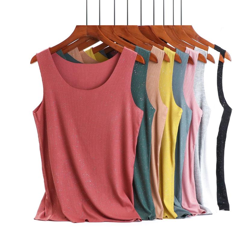 

High Stretch Ribbed Cotton Shiny Casual Slim Fit Basic Sleeveess Women T Shirt Seamless Tops Black Women T-Shirt Under Shirt, D1257 gray green