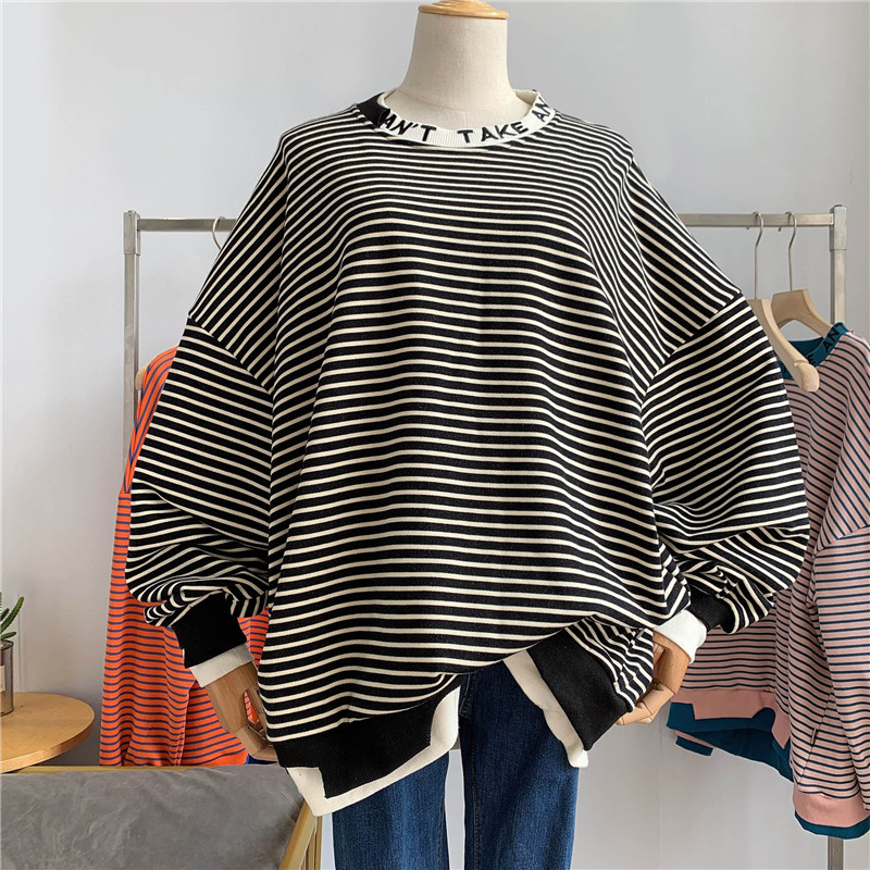 

2020 Autumn Fashion Street Sweatshirt Women Long Sleeve Cotton Sweat Tops Plus Size Striped Pullover Coats for Woman, Black