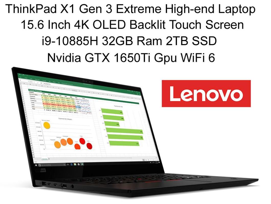 

Top-end Lenovo Laptop ThinkPad X1 Gen 3 Hermit 2020 with i9-10885H 5.3GHz 32GB Ram 2TB SSD 15.6 Inch 4K Touch GTX 1650Ti GDDR6, Black