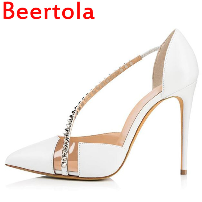 

2020 Rivet Pvc Leather Women Sandals Elegant Manual Shoes Women High Heels Slip-on Sandals Zapatillas Mujer Big Size Summer, As pics
