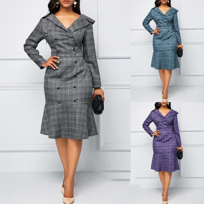 

Fashion Women Plaid Button V Neck Long Sleeve Mermaids Tail Evening Party Dress, Purple