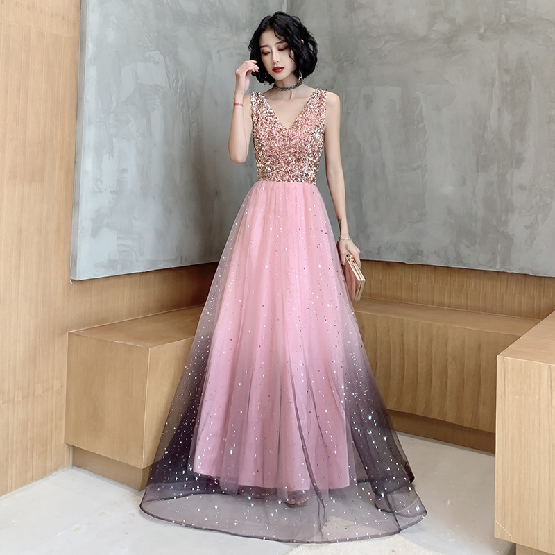 

Pink Noble Long Cheongsam Starry Sky Gradual Change Sexy Evening Party Dress Sequins Formal Dress Women Full Length Prom Gown