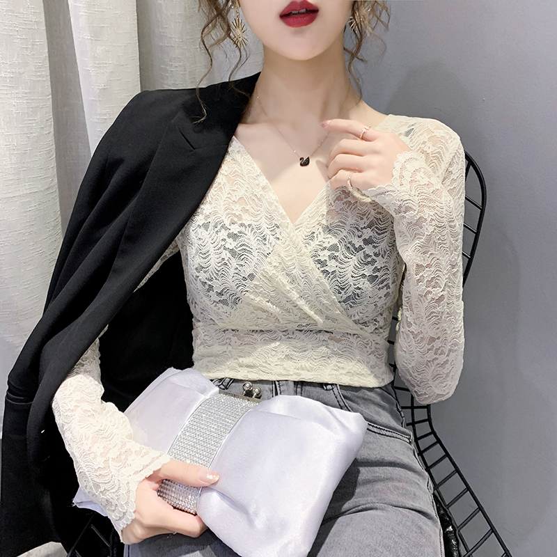 

COIGARSAM Sexy Lace blouse women New Spring Patchwork Mesh V-Neck blusas womens tops and blouses White Black Apricot 117