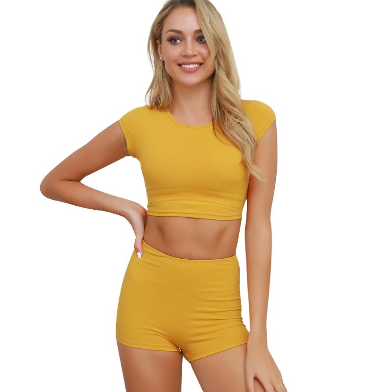 

LUKITAS Women Sport Yoga Set 2pcs Gym Clothes Short Sleeve Shirt High Waist Fitness Shorts Nylon Stretch Workout Athletic Suit, 06