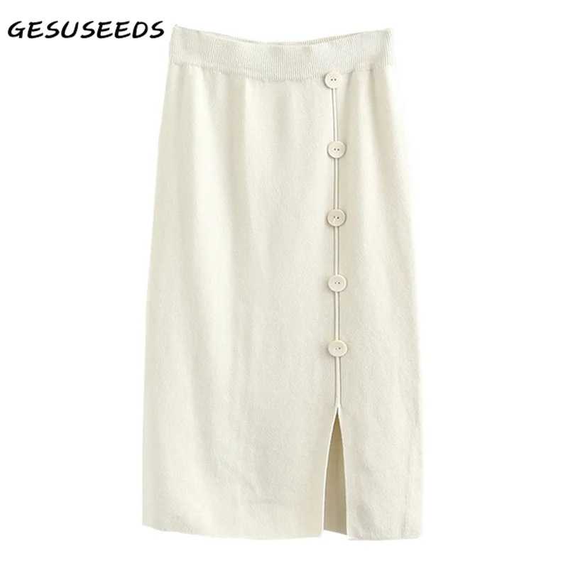 

Elegant skirt women elastic high waist skirts fall 2020 women sweater skirt knitted Korean skirts sexy button midi slit, Black