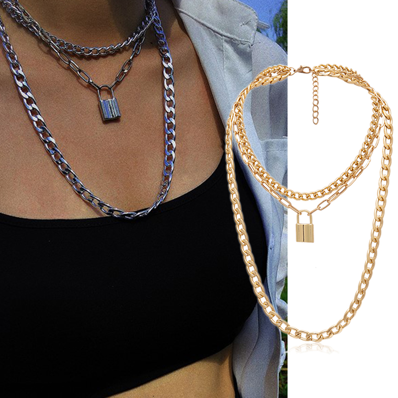

Women Multilayer Lock Pendant Punk Chunkyc Necklace Hip Hop Chain Jewelry