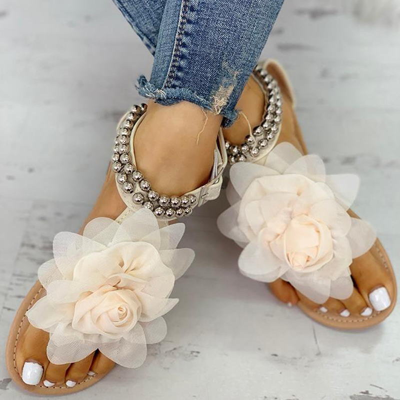 

Gladiator Sandals Bohemia Women Summer 2020 Flower Flat Sandals Tstraps Clip Toe Ladies Shoes Sandalias Mujer Plus Size, White