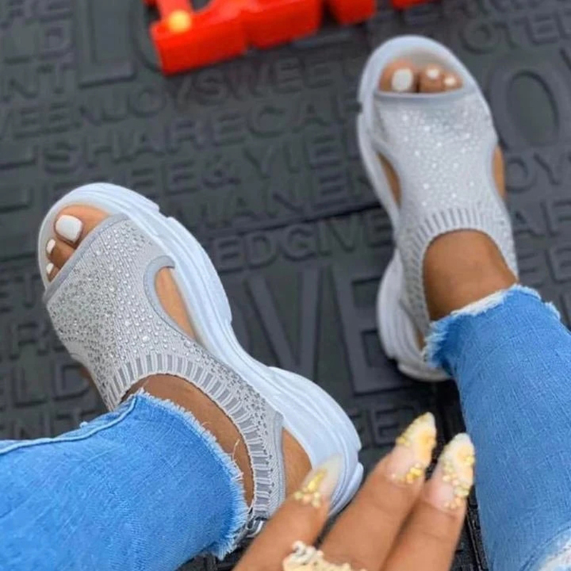 

2020 Summer Fashion Womens Open Toe Crystal Sandals Chunky Heel Beach Sandals Elastic Strap Beach, Light gray