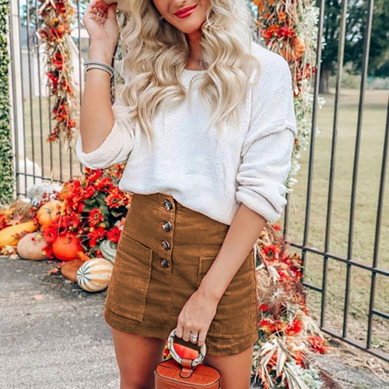 

Fashion Women Ladies Summer Skirts Faux Suede High Waist Single Breasted Solid Slim A-Line Suede Leather Mini Skirts, Yellow