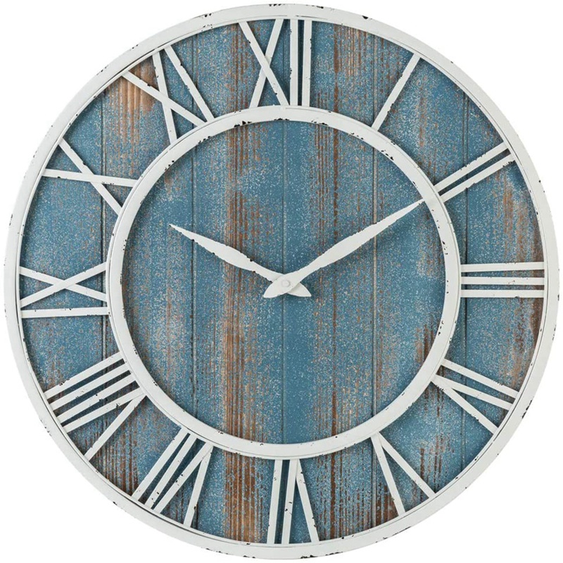 

Farmhouse, Home Improvement Metal and Solid Wood Silent Wall Clock (Blue, 15.75 Inches
