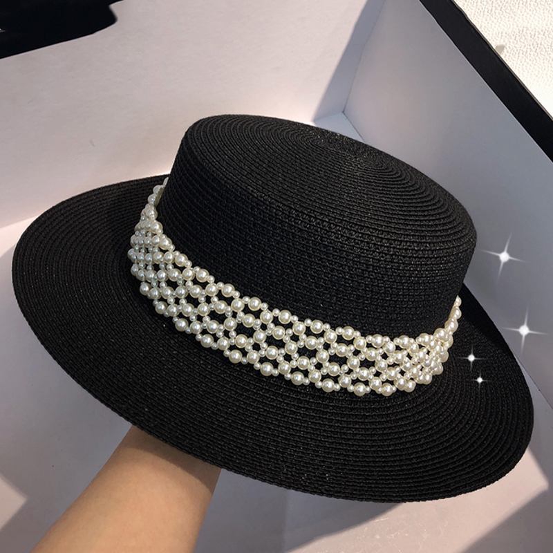 

Elegant Handmade Pearls Straw Hat Beach Cap Women Occasion Hat French flat straw sun wild flat brim British, White
