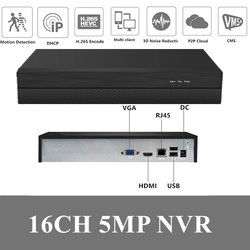 

16CH*5MP NVR H.265 Network Digital Video Recorder Max 8T IP Camera ONVIF 2.4 CMS XMEYE With Power Adapter P2P Cloud