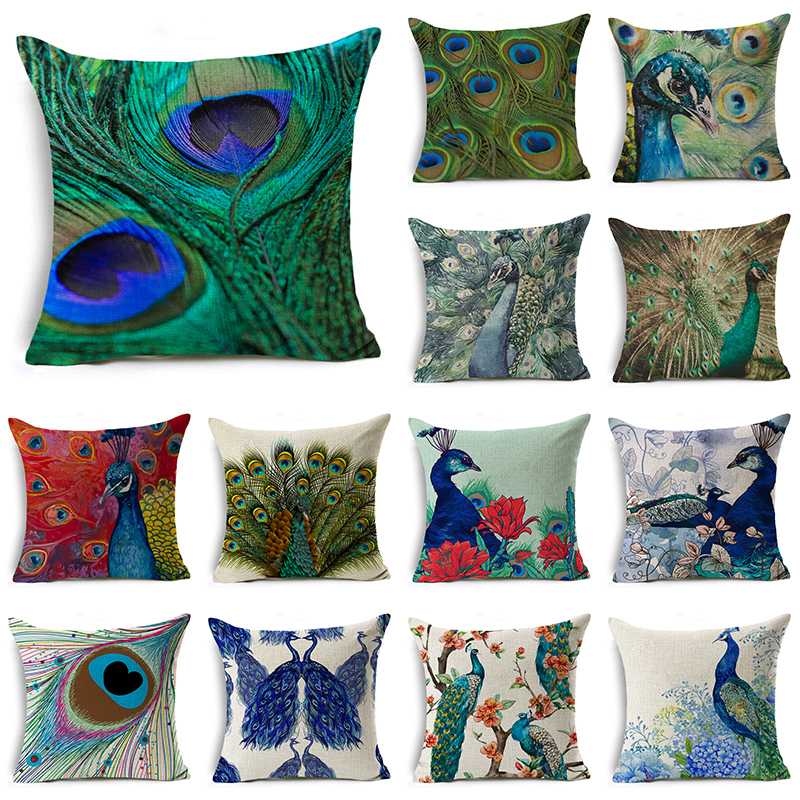 

WZH Peacock Feather Cushion Cover 45x45cm Linen Decorative Pillow Cover Sofa Bed Pillow Case, Beige