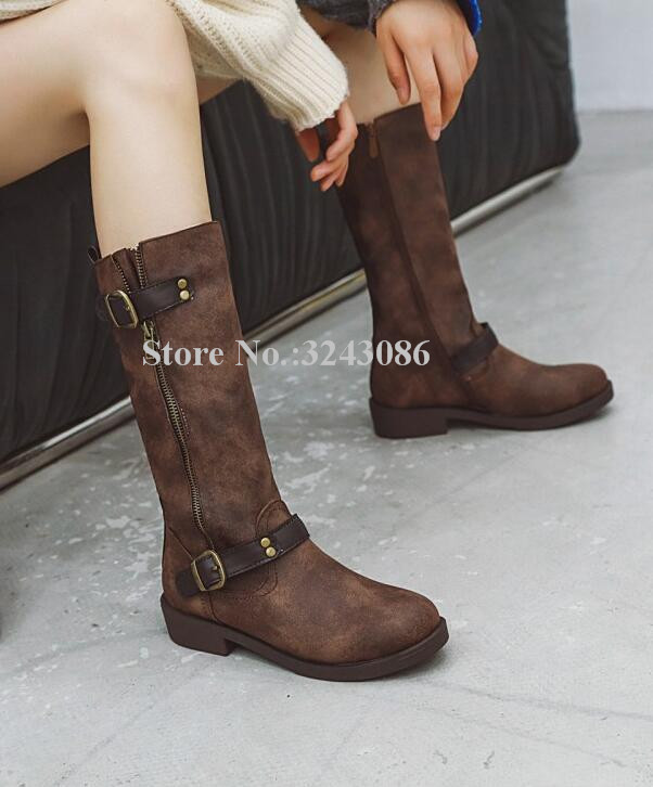 

Classical Brown Flat Mid-calf Boots Women New Fashion Round Toe Buckle Strap Zipper Decor Knight Boots Popular Street Style, Black